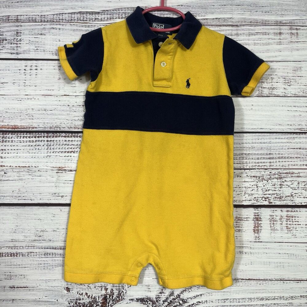 Vtg Polo Ralph Lauren Romper Boys 24 Mos Blue Yellow Rugby Stripe One Piece Pony